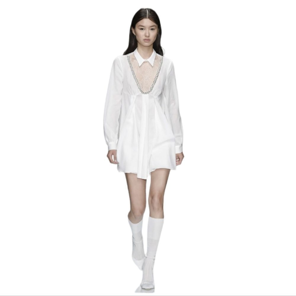 FRANCESCO SCOGNAMIGLIO white shirt‎ dress gauze long sleeve lace yoke 48